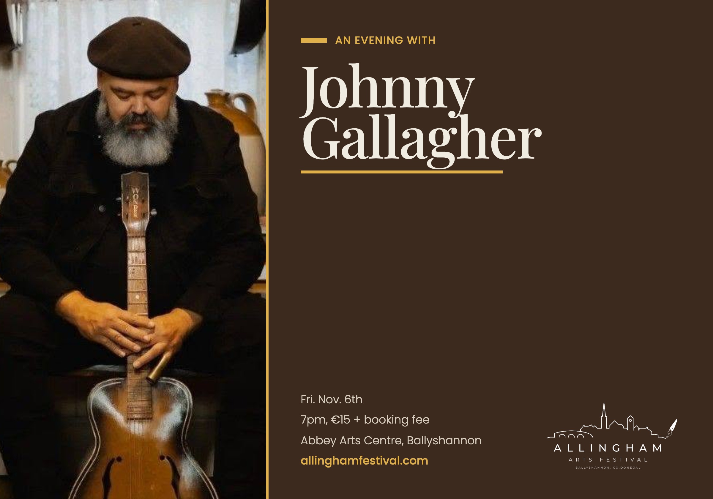 Poster for Johnny Gallagher at the ALlingham Arts Festival Nov. 6th featuring a bearded man sitting with a guitar looking at the ground.