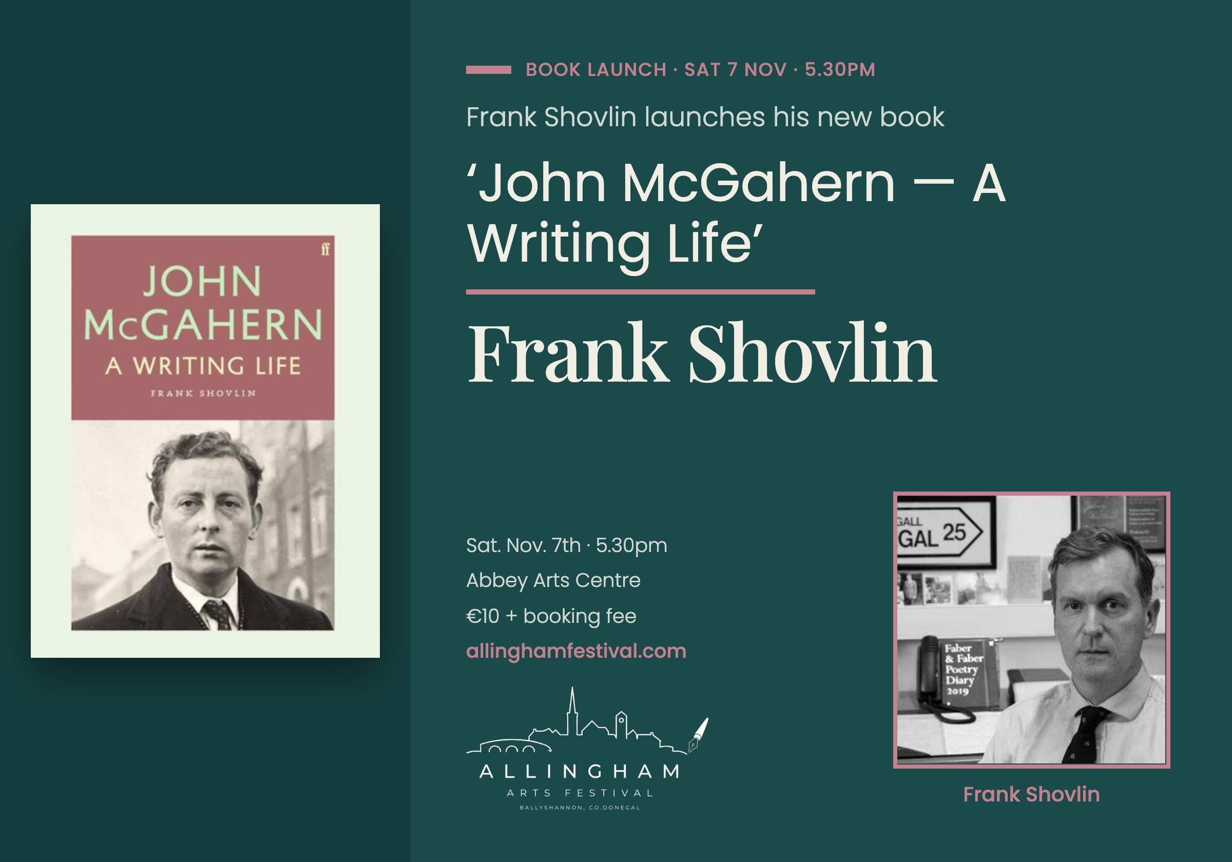 Poster for 'John Mc Gahern A Writing Life' by Frank Shovlin at the Allingham Arts Festival on November 7th 2026