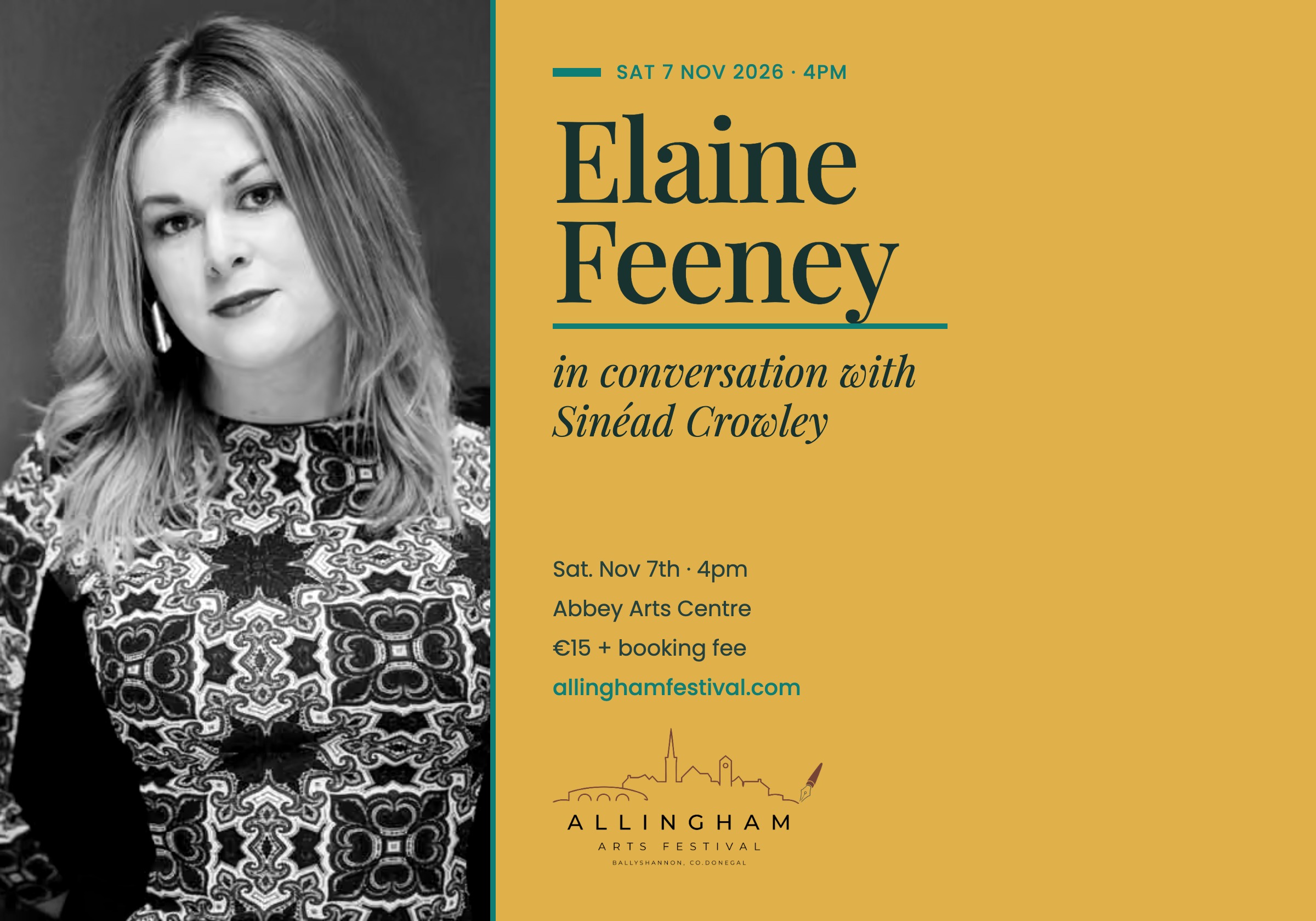 Poster for Elaine Feeney at the Allingham Arts Festival on November the 7th 2026